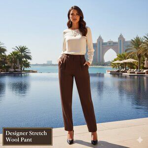 NWOT Harve Benard Wool Pant Brown Lined 3-Pocket Pleated L Women 10P Stretch